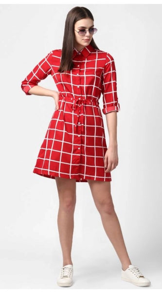 Mayawye Women's Polyester Checkered Long Sleeves Above Knee Dress (Red)