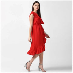 Mayawye Women's Polyester Ruffled Cap Sleeve Knee-Length Dress (Red)
