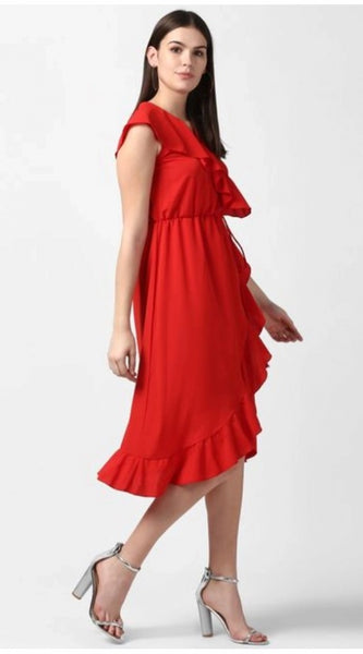 Mayawye Women's Polyester Ruffled Cap Sleeve Knee-Length Dress (Red)
