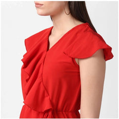 Mayawye Women's Polyester Ruffled Cap Sleeve Knee-Length Dress (Red)