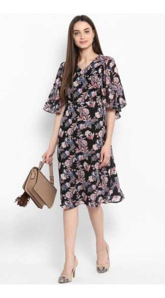 Mayawye Women's Polyester Floral Short Sleeve Knee-Length Dress (Black - Multicolor)