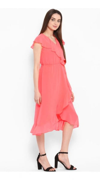 Mayawye Women's Polyester Ruffled Cap Sleeve Below Knee Dress (Coral Pink)