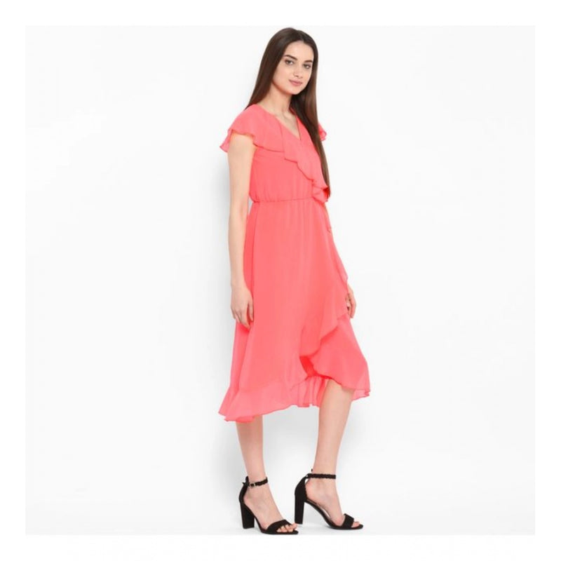 Mayawye Women's Polyester Ruffled Cap Sleeve Below Knee Dress (Coral Pink)