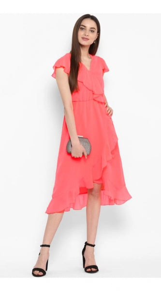 Mayawye Women's Polyester Ruffled Cap Sleeve Below Knee Dress (Coral Pink)