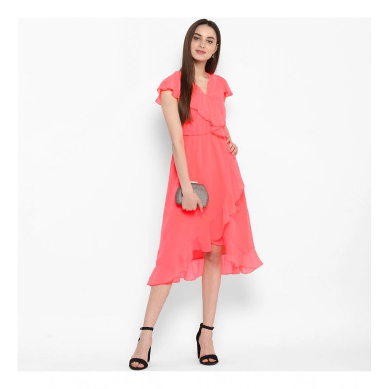 Mayawye Women's Polyester Ruffled Cap Sleeve Below Knee Dress (Coral Pink)