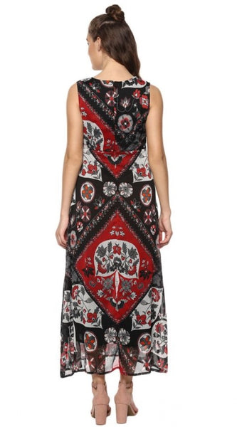 Mayawye Women's Polyester Printed Sleeveless Dress (Red - Black)