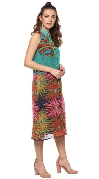Mayawye Women's Polyester Floral Sleeveless Below Knee Dress (Multicolor)