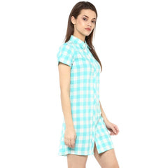 Mayawye Women's Rayon Checkered Short Sleeve Above Knee Dress (SkuBlue - White)