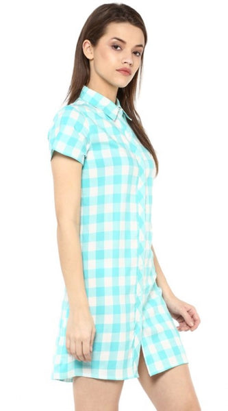 Mayawye Women's Rayon Checkered Short Sleeve Above Knee Dress (SkuBlue - White)