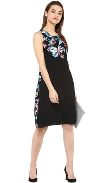Mayawye Women's Polyester Printed Sleeveless Above Knee Dress (Black - Multicolor)