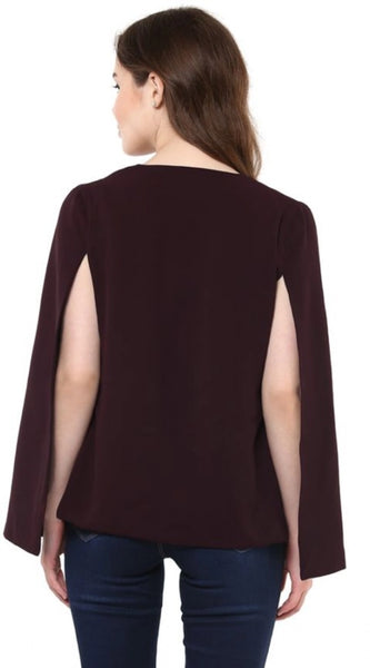 Mayawye Women's Polyester Solid Cape Sleeve Blazer (Wine)