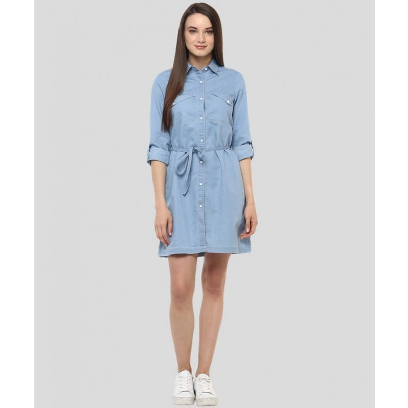 Mayawye Women's Denim Solid Long Sleeves Above Knee Dress (Blue)