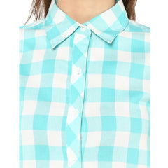 Mayawye Women's Rayon Checkered Short Sleeve Above Knee Dress (SkuBlue - White)