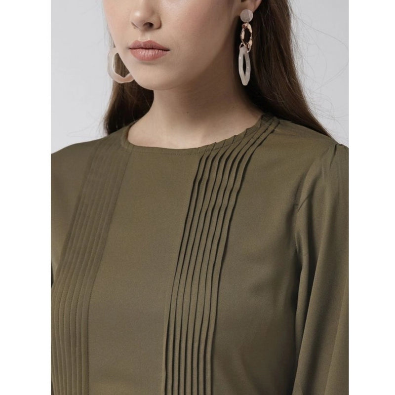Mayawye Women's Polyester Pintuck Long Sleeves Below Knee Dress (Olive)
