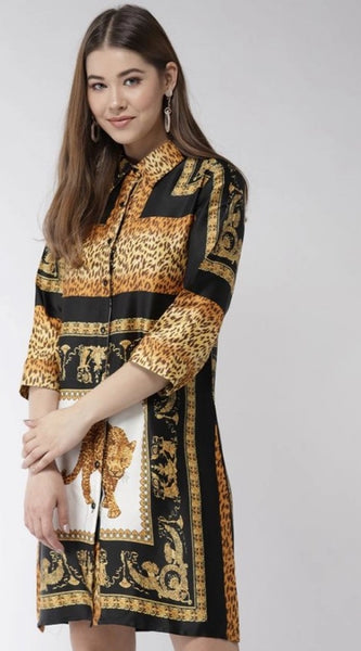 Mayawye Women's Satin Animal Print 3-4th Sleeves Above Knee Dress (White - Orange)
