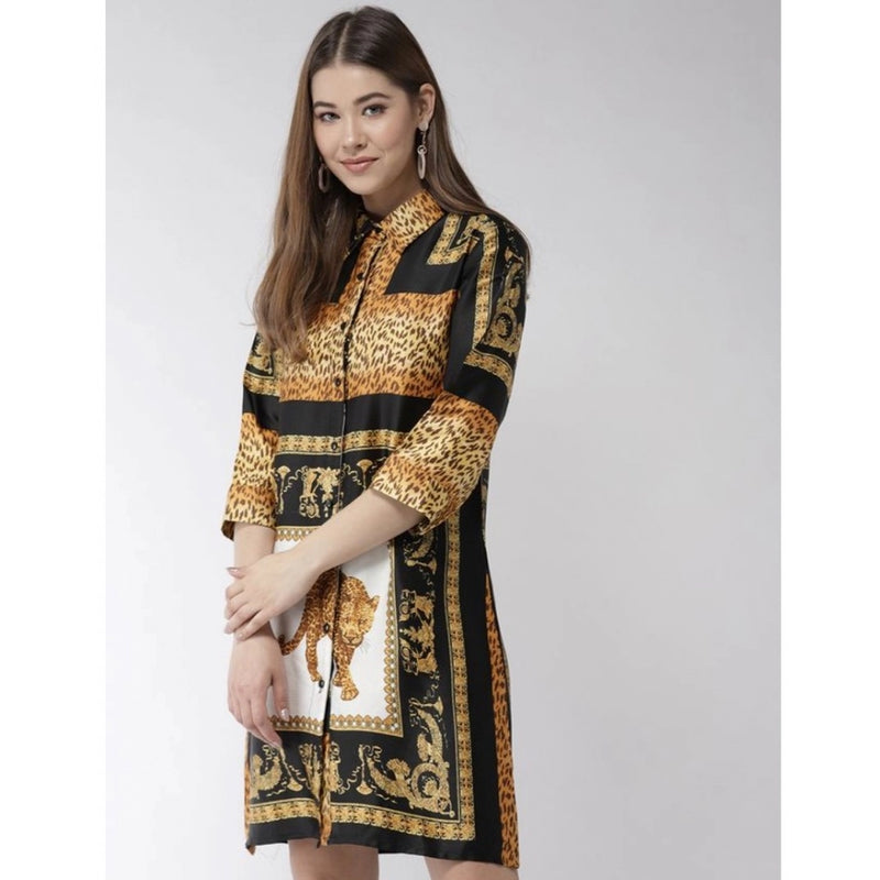 Mayawye Women's Satin Animal Print 3-4th Sleeves Above Knee Dress (White - Orange)