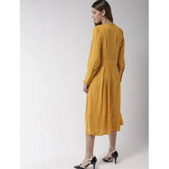 Mayawye Women's Polyester Pintuck Long Sleeves Below Knee Dress (Yellow)