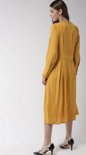 Mayawye Women's Polyester Pintuck Long Sleeves Below Knee Dress (Yellow)