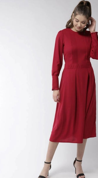 Mayawye Women's Polyester Pintuck Long Sleeves Below Knee Dress (Red)