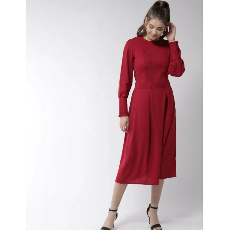 Mayawye Women's Polyester Pintuck Long Sleeves Below Knee Dress (Red)