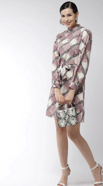 Mayawye Women's Polyester Checkered Long Sleeves Above Knee Dress (Off White - Lavender)