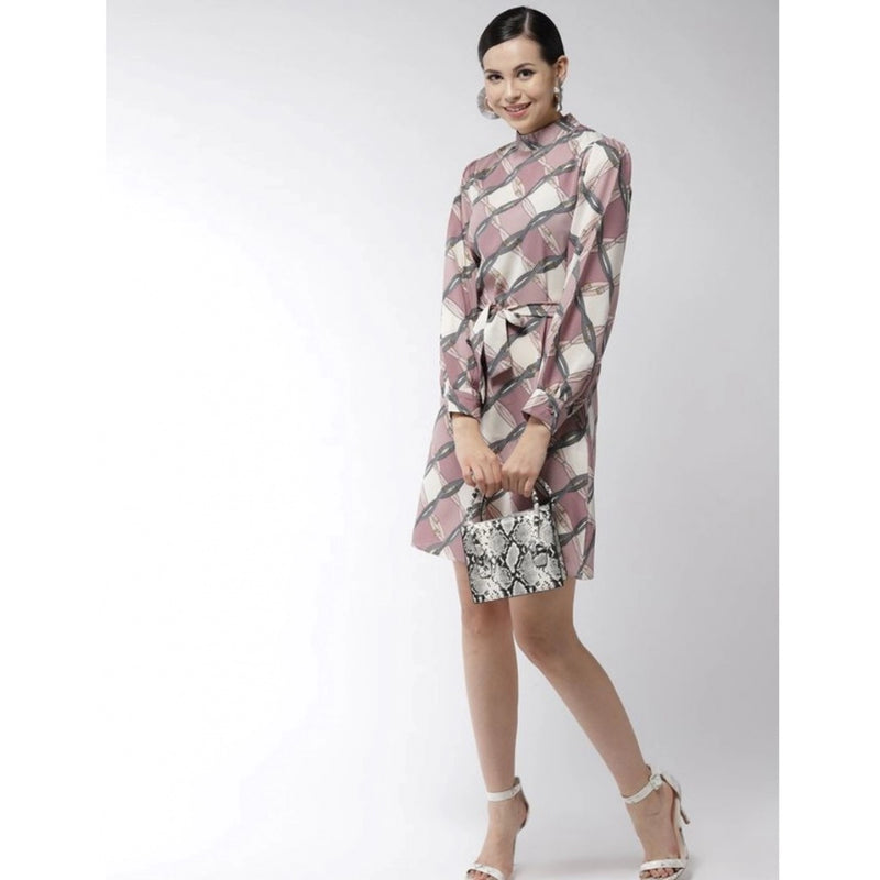 Mayawye Women's Polyester Checkered Long Sleeves Above Knee Dress (Off White - Lavender)