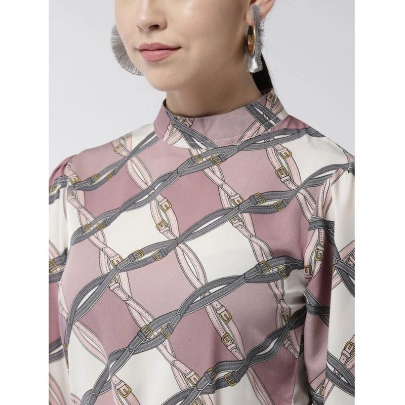 Mayawye Women's Polyester Checkered Long Sleeves Above Knee Dress (Off White - Lavender)
