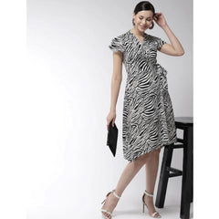 Mayawye Women's Polyester Animal Print Short Sleeve Knee-Length Dress (Black - White)