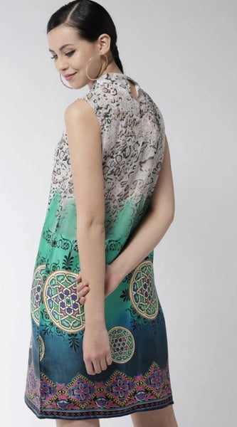 Mayawye Women's Polyester Printed Sleeveless Above Knee Dress (Multicolor)