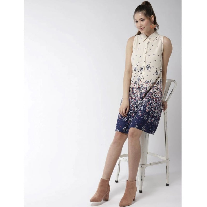 Mayawye Women's Polyester Floral Sleeveless Above Knee Dress (Cream)