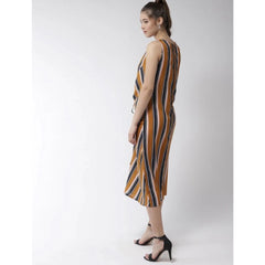 Mayawye Women's Polyester Striped Sleeveless Below Knee Dress (Mustard)