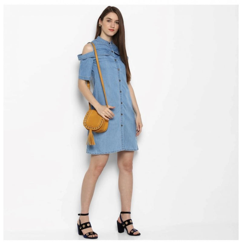 Mayawye Women's Denim Solid Cold Shoulder Above Knee Dress (Blue)