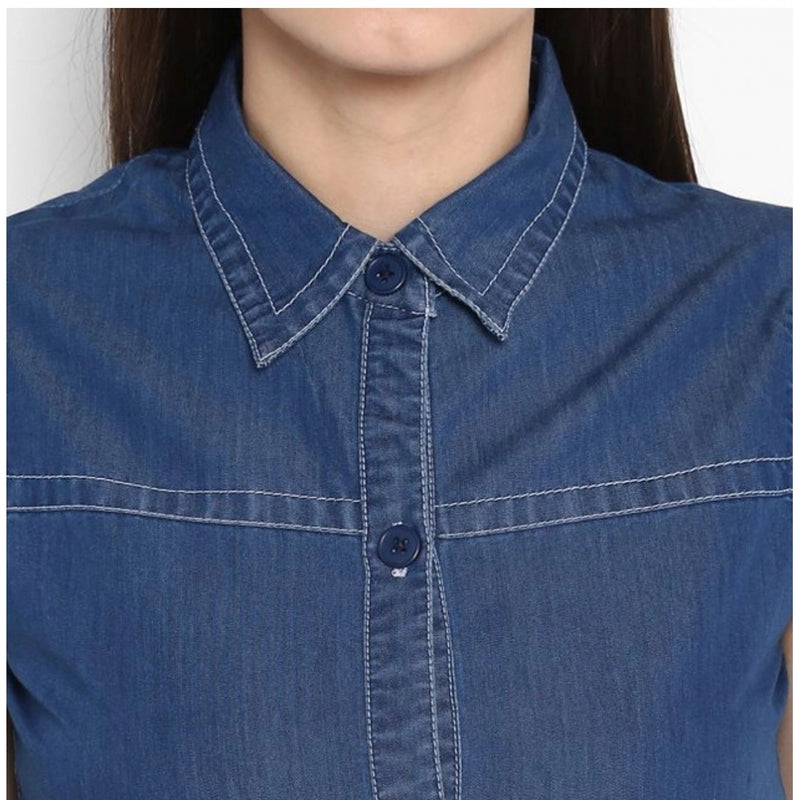 Mayawye Women's Denim Solid Sleeveless Above Knee Dress (Blue)
