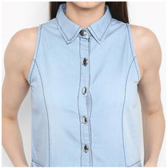 Mayawye Women's Denim Solid Sleeveless Below Knee Dress (Blue)