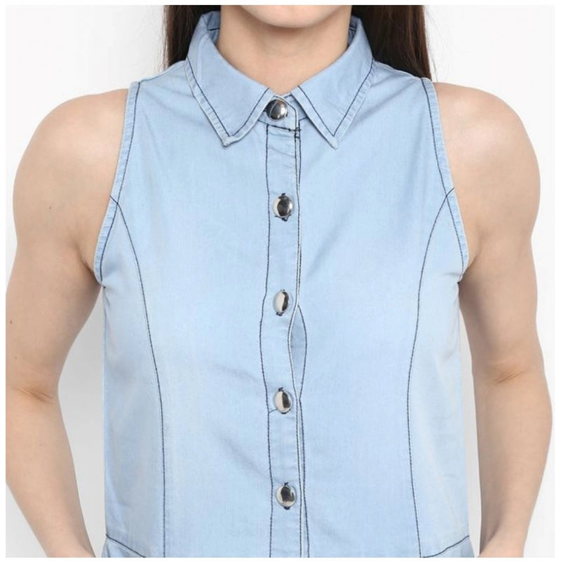 Mayawye Women's Denim Solid Sleeveless Below Knee Dress (Blue)