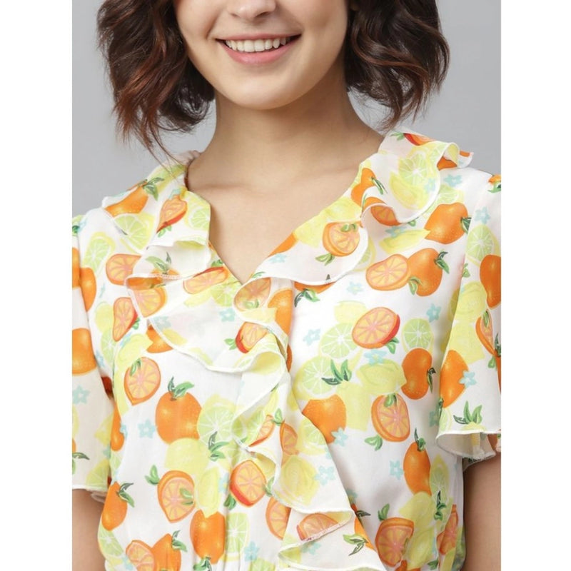 Mayawye Women's Polyester Printed Flutter Above Knee Dress (Yellow - Orange)