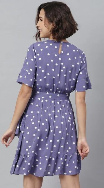 Mayawye Women's Polyester Polka Bell Sleeve Above Knee Dress (Lavender)