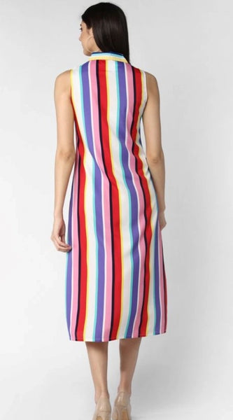 Mayawye Women's Polyester Striped Sleeveless Calf-length Dress (Multicolor)