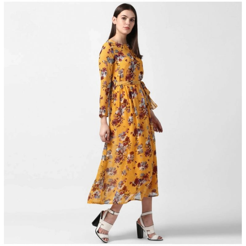 Mayawye Women's Polyester Floral Long Sleeves Calf-length Dress (Yellow)