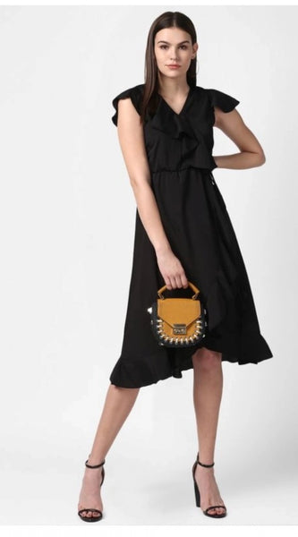 Mayawye Women's Polyester Ruffled Cap Sleeve Knee-Length Dress (Black)
