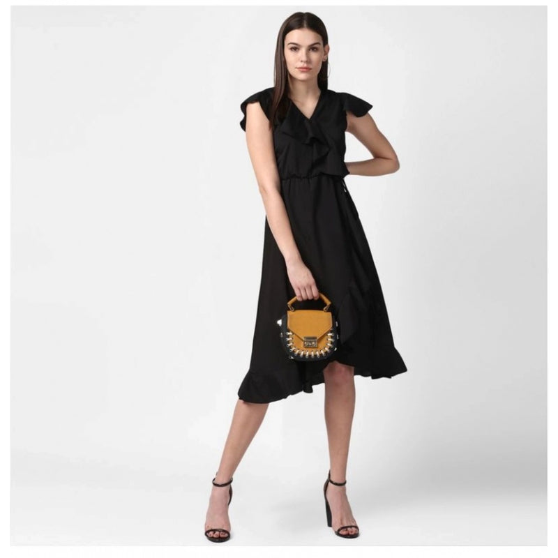 Mayawye Women's Polyester Ruffled Cap Sleeve Knee-Length Dress (Black)