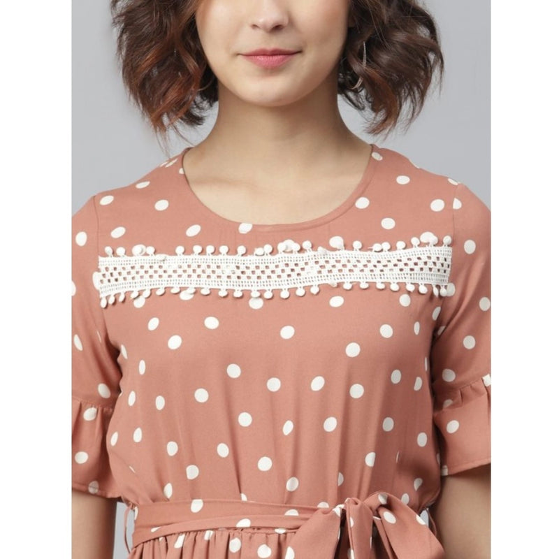 Mayawye Women's Polyester Polka Bell Sleeve Above Knee Dress (Brown)