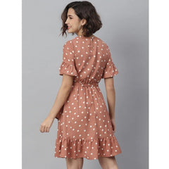 Mayawye Women's Polyester Polka Bell Sleeve Above Knee Dress (Brown)