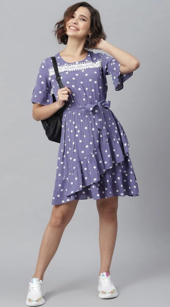 Mayawye Women's Polyester Polka Bell Sleeve Above Knee Dress (Lavender)