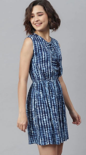 Mayawye Women's Rayon Tie & Dye Sleeveless Above Knee Dress (Blue)