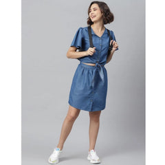 Mayawye Women's Denim Solid Flutter Above Knee Dress (Blue)