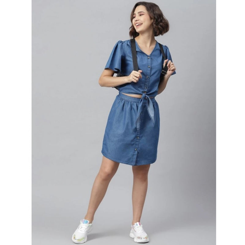 Mayawye Women's Denim Solid Flutter Above Knee Dress (Blue)
