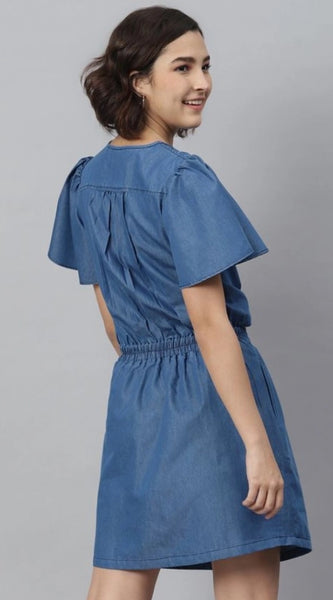 Mayawye Women's Denim Solid Flutter Above Knee Dress (Blue)