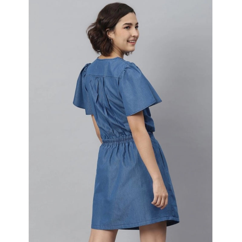 Mayawye Women's Denim Solid Flutter Above Knee Dress (Blue)