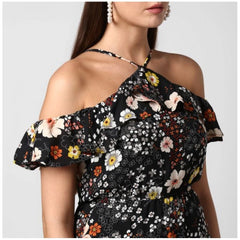Mayawye Women's Polyester Floral Cold Shoulder Above Knee Dress (Black)